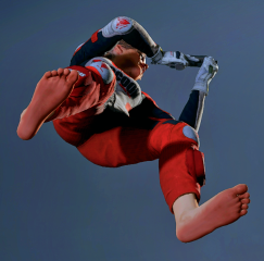 Claire corresponds barefoot to the motorcycle suit!