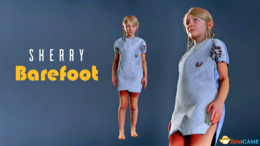 Shirley wears a white mottled blood-stained patient dress costume