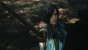 V's blue and gold costume