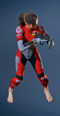 Claire corresponds barefoot to the motorcycle suit!