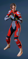 Claire corresponds barefoot to the motorcycle suit!